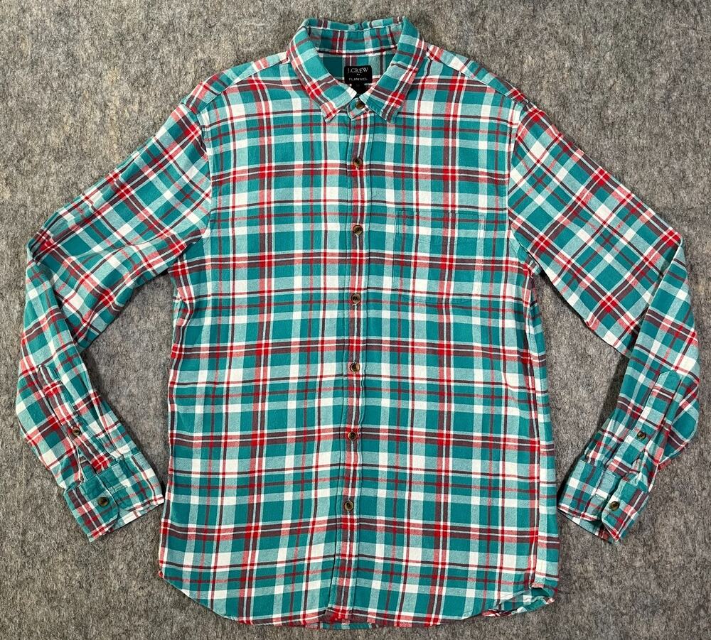 J.Crew Flannel Shirt / Men US M Medium / Plaid Turquoise Teal Blue Preppy Cotton